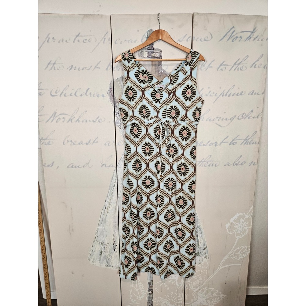 Fresh Produce‎ Midi Dress Size Large Blue Brown Boho Geometric Empire Waist USA